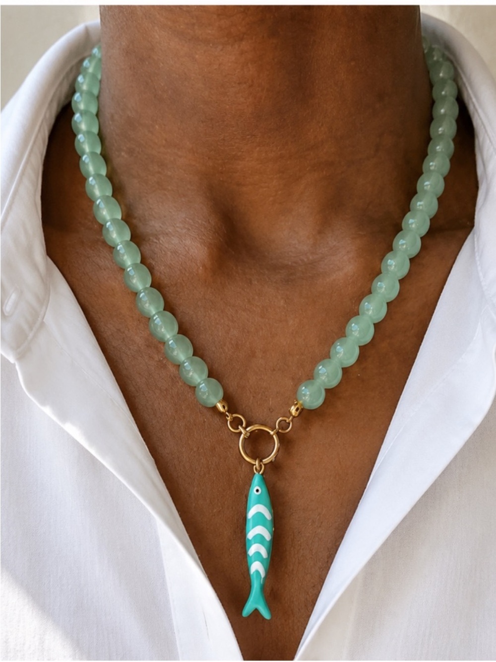 New! Coastal Sea Green Fish Charm Beaded Necklace (4011) NWOT